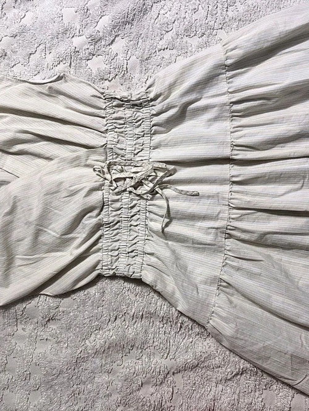 Striped Ruched Waist Mini Dress in White & Yellow Like New